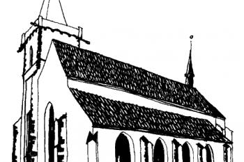 rekonstrukce původní podoby kostela ( © Karel Kuča: Kostel Matky Boží (sv. Vavřince) v Novém Bydžově, Průzkumy památek 1994/II, Památkový ústav Středních Čech v Praze, Praha 1994)