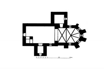 půdorys kostela ( © Ferdinand Velc: Soupis památek historických a uměleckých v Království Českém, sv. 20 Politický okres slanský, Archaelogická komise při České akademii císaře Františka Josefa pro vědy, slovesnost a umění, Praha 1904)