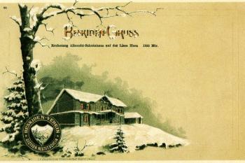 Útulna Arcivévody Albrechta na kreslené pohlednici z roku 1898 ( © Beskydy a Pobeskydí 1895 - 1939, Wart 2001)