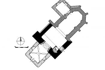 půdorys kostela ( © V. Kuchynka podle zaměření R projekt Brno (in H. Hanzlíkova, D. Linhartová: Výsledky průzkumu kostela Narození Panny Marie v Vepřku, Památky Středních Čech 19-1, Památkový ústav Středních Čech, Praha 2005))