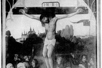 oltářní deska z 2. poloviny 15. století (© Bohumil Matějka: Soupis památek historických a uměleckých v Království Českém, sv. 04 Politický okres roudnický, I. díl, Archaelogická komise při České akademii císaře Františka Josefa pro vědy, slovesnost a umění, Praha 1898)