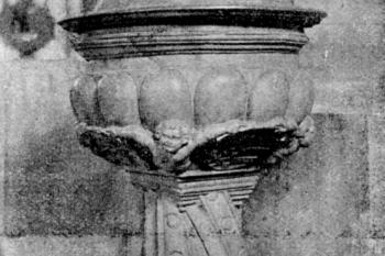 opuková křtitelnice z r. 1531 (© Bohumil Matějka: Soupis památek historických a uměleckých v Království Českém, sv. 04 Politický okres roudnický, I. díl, Archaelogická komise při České akademii císaře Františka Josefa pro vědy, slovesnost a umění, Praha 1898)