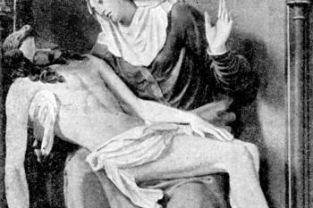 Pieta od Bartholoměje Edera z let 1760-1770 (© Bohumil Matějka: Soupis památek historických a uměleckých v Království Českém, sv. 04 Politický okres roudnický, I. díl, Archaelogická komise při České akademii císaře Františka Josefa pro vědy, slovesnost a umění, Praha 1898)