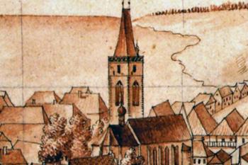 pohled od severovýchodu ze skicáře J. A. Venuta (© Veselý, Aleš (ed.): Jan Antonín Venuto a jeho dílo, Galerie výtvarného umění v Havlíčkově Brodě, Havlíčkův Brod 2018)