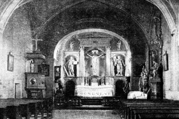 interiér kostela na počátku 20. století (© Antonín Podlaha: Posvátná místa království Českého; Díl 2., Vikariáty: Berounský, Bystřický a Plzeňský, Dědictví sv. Jana Nepomuckého, Praha 1908)