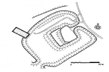 půdorys tvrziště ( © Z. Fišera podle J. Waldhausera (in kol.: Encyklopedie českých tvrzí, III. díl [S-Ž], ARGO, Praha 2005))