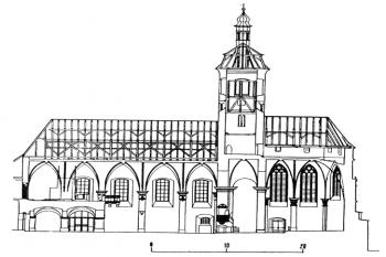 Řez kostelem sv. Prokopa s pohledem k severu podle J. Kuthana (© T. Durdík: Ilustrovaná encyklopedie českých hradů – Dodatky 1, Libri, Praha 2001)