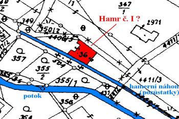 Jediný pozůstatek zaniklého hamru č.I - existence a zákres jeho parcely na současné katastrální mapě ( © Jan P. Štěpánek 09/2007)