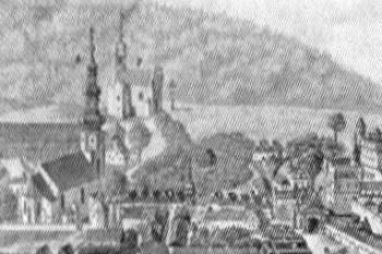 Španělská kaple na detailu veduty Nového Jičína z roku 1744, před dostavbou barokního ambitu ( © J. Tichánek, Z. Šerý: Šlechtická sídla na Novojičínsku, Opava, Butterfly 2003)