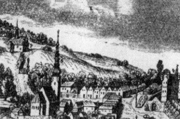 Španělská kaple na detailu veduty Nového Jičína z roku 1722, před dostavbou barokního ambitu ( © J. Tichánek, Z. Šerý: Šlechtická sídla na Novojičínsku, Opava, Butterfly 2003)