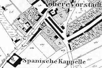 Španělská kaple na mapě stabilního katastru z r. 1833 ( © K. Kuča: Města a městečka v Čechách, na Moravě a ve Slezsku, Libri, Praha 2000)