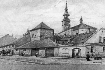 Farská bašta ve východním nároží hradeb na malbě Erwina Pendla z konce 19. století ( © Města a městečka v Čechách na Moravě a ve Slezsku (K. Kuča))
