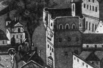 Detail Horní brány na vedutěměsta z roku 1744 ( © J. Tichánek, Z. Šerý: Šlechtická sídla na Novojičínsku, Opava, Butterfly 2003)