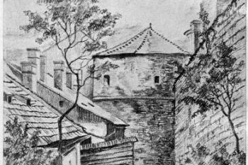 Dnes již neexistující Žerotínská fortna s věží ( © archiv Jiřího Tichánka)