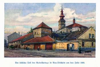 Kolorovaný dobový pohled na východní nároží města Nový Jičín s polygonální východní baštou a farním kostelem ( © archiv Jiřího Tichánka)