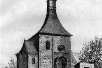 kostel od severu v polovině 19. století (© Obrazy starožitných staveb v Čechách: dle přírody kreslené a do ocele leptané, Fr. Rohlíček, Praha 1853)