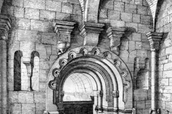 tribuna kostela v polovině 19. století (© Obrazy starožitných staveb v Čechách: dle přírody kreslené a do ocele leptané, Fr. Rohlíček, Praha 1853)