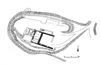 půdorys tvrze ( © T. Durdík, F. Kašička, B. Nechvátal: Hrady, hrádky a tvrze na Písecku, Prácheňské muzeum v Písku, Písek 1995)