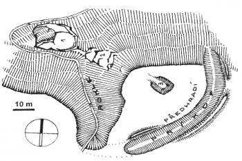 situační plán (© podle J. Milera a P. Valenty (in M. Novobilský, P. Rožmberský, P. Mikota: Zapomenuté hrady, tvrze a místa - Josefa Milera Neznámé hrady severního Plzeňska, Nadace České hrady, Plzeň 1999))