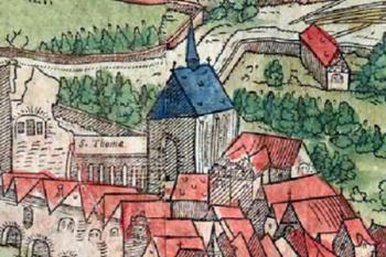 klášter na vedutě Prahy z r. 1562 ( © Georg Braun & Franz Hogenberg - Praga Bohemiae metropolis accuratissime expressa)