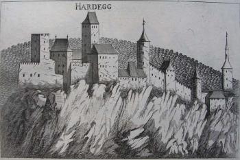 Georg Matthäus Vischer, hrad Hardegg, 1672, mědiryt (© Zdroj:https://docplayer.org/46967166-Diplomarbeit-titel-der-diplomarbeit-die-bautaetigkeit-der-grafen-hardegg-im-noerdlichen-niederoesterreich-in-der-renaissance-band-1-von-1.html)
