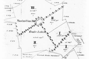 Maxmiliánův dvůr na katastrální mapě z roku 1874 ( © Jiří Tichánek: Stará Kopřivnice v dokumentech a fotografiích, 2006)
