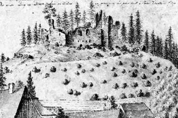 hrad na akvarelu Johanna Venuta, 1797 ( © M. Mžyková: Dílo moravského vedutisty Johanna Venuta z auersperských sbírek, Zprávy památkové péče 66/4, Národní památkový ústav, Praha 2006)