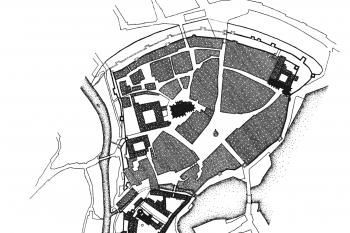 Situace hradu a města podle plánu z roku 1828 (© D. Menclová: České hrady 1, Odeon, 1972)