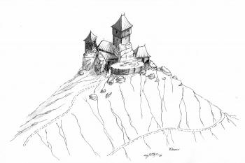 Cekový pohled na vrchol Klenov s teoretickou rekonstrukcí středověkého hrádku ( © Jan P. Štěpánek 07/2007)