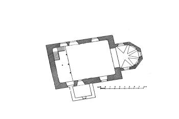 půdorys kostela ( © Antonín Podlaha: Soupis památek historických a uměleckých v Království Českém, sv. 24 Politický okres českobrodský, Archaelogická komise při České akademii císaře Františka Josefa pro vědy, slovesnost a umění, Praha 1907)