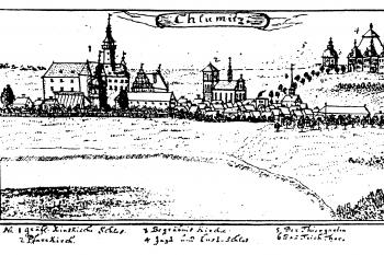 Hrad s městem a zámkem Karlova Koruna v první polovině čtyřicátých let 18. století na kresbě F. B. Wernera (© T. Durdík: Ilustrovaná encyklopedie českých hradů, Libri, Praha 1999)