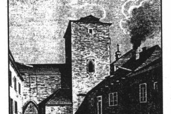 Žižkova věž a přilehlá hradba s bránou v roce 1846 (© T. Durdík: Ilustrovaná encyklopedie českých hradů, Libri, Praha 1999)