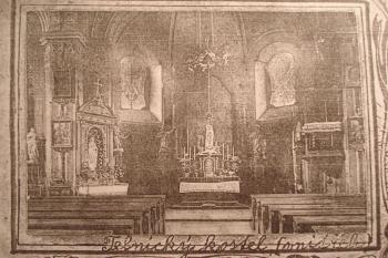 původní vybavení  kostela s malbami (farní  kronika, asi 02/1930)