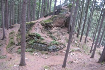 Pohled z předhradí na vlastní hrad. Vlevo znatelná /zelená/ hrázka se zdivem hradní stěny na vých.straně. (© Dušan Dohňanský 10/2019)