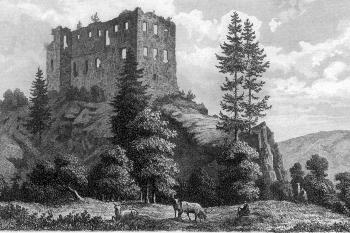 Rybnica od severozápadu kolem r. 1880 na ocelorytu Kaspara Ulricha Hubera podle kresby R. Dreschera (© kol.: Zamki i dwory obronne w Sudetach, Tom II, Księstwo Jaworskie, Uniwersytet Wrocławski , Instytut Archeologii, Wrocław 2009)