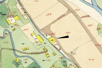vyznačení objektu hamru č. II  na mapě Stabilního katatsru ze 30. let 19. století ( © Český úřad zeměměřicko - katastrální)