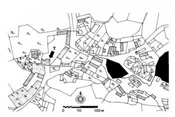 Záboří (Strakonice), výřez z kat. mapy vsi z r. 1837. ( © J. Úlovec (Encyklopedie českých tvrzí, 3. díl, [S-Z], Argo, 2005))