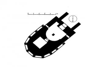 půdorys kaple ( © Ferdinand Velc: Soupis památek historických a uměleckých v Království Českém, sv. 20 Politický okres slanský, Archaelogická komise při České akademii císaře Františka Josefa pro vědy, slovesnost a umění, Praha 1904)