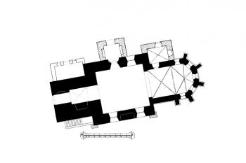 půdorys kostela ( © Jan Sommer a Kristina Uhlíková (ed.): Fontes historiae artium XIV: Soupis památek historických a uměleckých v politickém okresu ledečském. Edice nedokončeného rukopisu, Artefactum, Praha 2010)