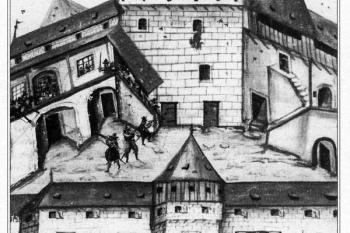 Pohled na tvrz od severu v r. 1612 z cestopisu J.M. Hýzrleho z Chodů. ( © Encyklopedie českých tvrzí, 3.díl, ARGO 2005)