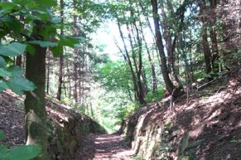 Ostrožna, na které stojí kaple, je přepažena cestou se stěnami z nasucho kladených kamenů ( © iV 25.8.2007)