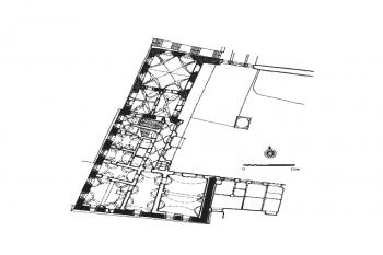 půdorys přízemí zámku s vyznačením zdiva tvrze ( © Ladislav Svoboda (in Encyklopedie českých tvrzí, II. díl [K-R], ARGO 2000))