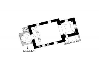 půdorys kostela ( © V. Jesenský: Průčelí kostela Narození Panny Marie v Křivsoudově a zhodnocení jeho pozdně gotické fasády, Průzkumy památek 1995/II, Památkový ústav Středních Čech v Praze, Praha 1995)