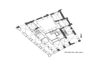 půdorys přízemí domu U Minuty (vpravo) a U zlatého rohu (vlevo) ( © Pavel Vlček a kol.: Umělecké památky Prahy 1 - Staré Město, Josefov, Academia, Praha 1996)