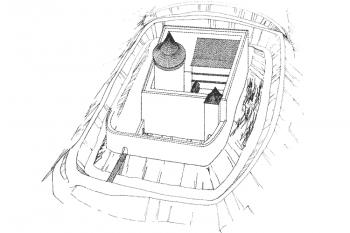 Hmotová rekonstrukce 13. stol. (© P. Kouřil, D. Prix, M. Wihoda: Hrady českého Slezska, AÚ AV ČR Brno, 2000, str. 47, obr. 9)