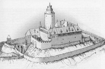Podoba hradu Cvilína v době největší slávy, před rokem 1474 ( © Rostislav Vojkovský: 25. svazek vlastivědných průvodců Putujeme po hradech a zámcích, Beatris, Dobrá 2003)