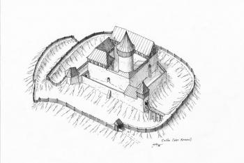 Pravděpodobná podoba vrcholné fáze hradu Cvilín ( © Jan P. Štěpánek 11/2006)
