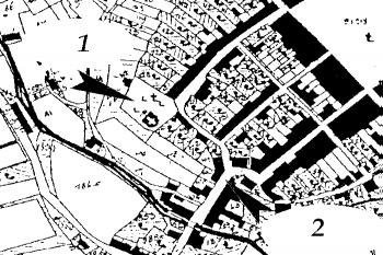 Vyznačení bývalého morového hřbitova a kaple sv. Lukáše na místě zaniklého hradu na mapě stabilního katastru ze 30. let 19. století ( © Jan P. Štěpánek 2008)
