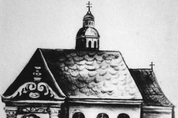idealizovaná podoba kaple sv. Lukáše na místě zaniklého hradu ( © Zmizelá Morava a Slezsko-Ostrava: B. Navrátil, Paseka, Praha 2007)