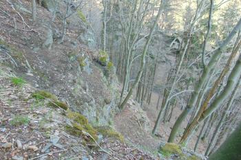 Východní sráz, přímo nad ním je hrádek (© Dušan Dohňanský  04/2021)